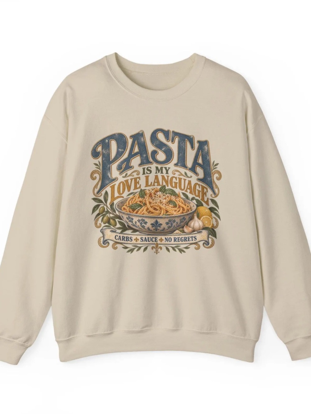 Sand Sweatshirt with Blue and Gold Pasta Graphic
